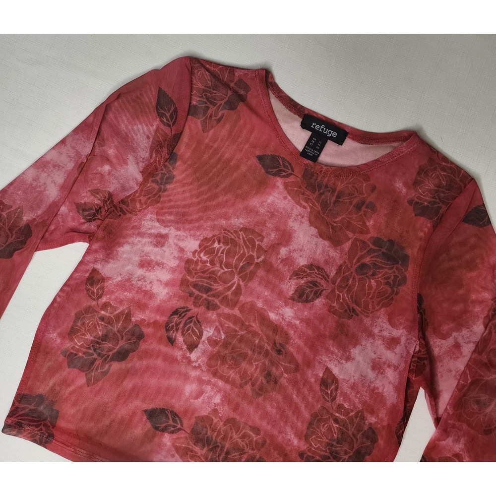 Refuge Women XL Red Sheer Mesh Floral Tie Dye Long Sleeve Y2K Crop Top Shirt
